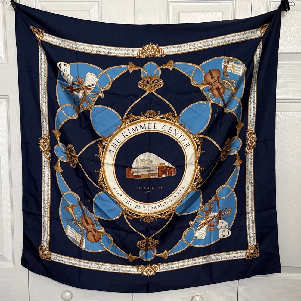 100% Silk The Kimmel Center Elegant Blue and Gold Scarf Blue Brown Old Money 36”